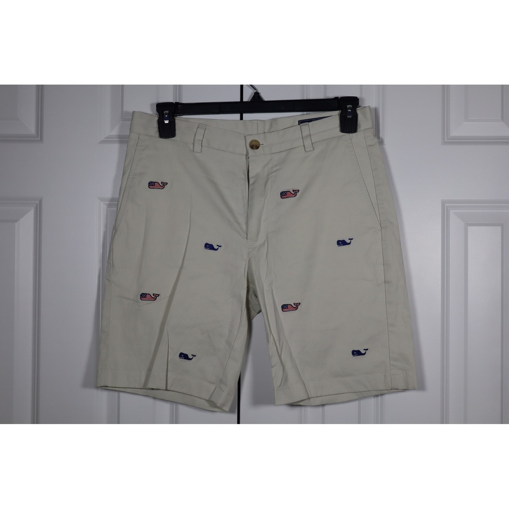Vineyard Vines Mens Breaker Shorts Khaki Tan American Flag Whale Embroidered 31